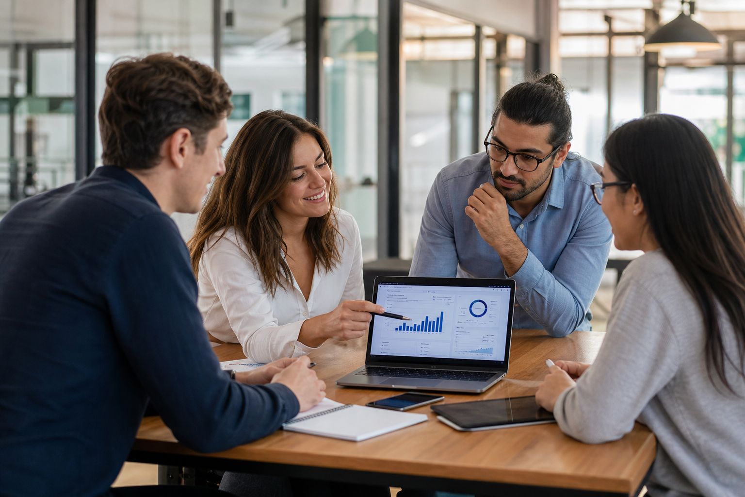 Product team reviewing a SaaS dashboard on a laptop